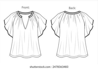 Vector short sleeve top with ruffles fashion CAD, woman blouse with frills and decorative stitch technical drawing, template, sketch, flat. Jersey or woven fabric top with front, back view,white color