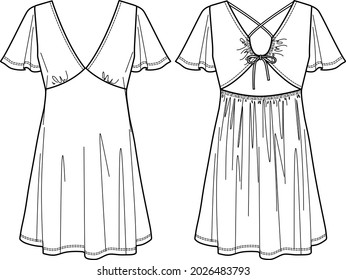 Vector short sleeve V-neck mini dress technical drawing, woman dress with frill detail fashion CAD, sketch, template, flat. Jersey or woven fabric dress with front, back view, white color