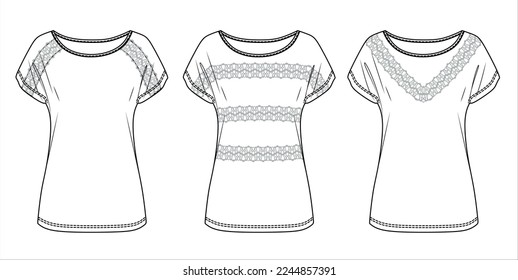 Vector short sleeved blouse fashion CAD, woman jersey top with lace trim details technical drawing, summer round neck t-shirt sketch, template.Jersey or woven fabric top, front, back view, white color