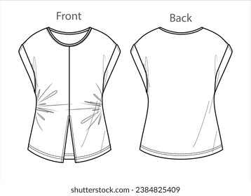 Vector short sleeved blouse fashion CAD, woman jersey top with droped shoulders technical drawing, summer round neck t-shirt sketch, template. Jersey or woven fabric tee, front, back view, white color