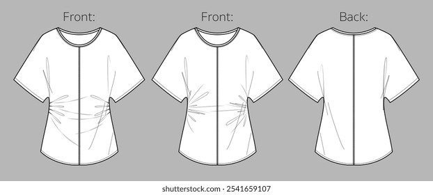 Vector de manga corta blusa de moda CAD, mujer jersey top con hombros caídos dibujo técnico, verano cuello redondo t-shirt sketch, Plantilla. Jersey o camiseta de tela tejida, vista frontal, trasera, color blanco