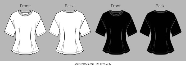 Vetor de blusa de manga curta CAD moda, top de camisa mulher com ombros caídos desenho técnico, esboço de t-shirt do pescoço da tripulação de verão, modelo. Camiseta ou tecido tee, frente, vista traseira, preto branco