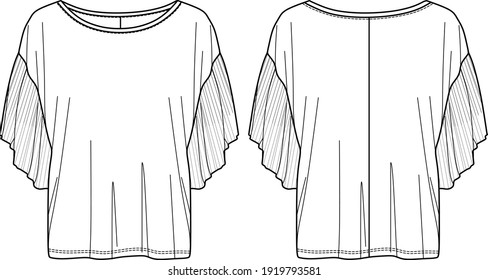 Vector short sleeved blouse technical drawing, woman round neck T-Shirt with pleated sleeves, jersey blouse fashion CAD, sketch, template. Jersey or woven fabric top, front, back view, white color