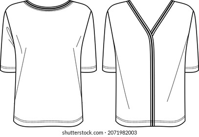 Vector short sleeved boat neck blouse fashion CAD, template, sketch, flat, woman t shirt technical drawing with embellishment detail. Jersey t shirt with front, back view, white color 