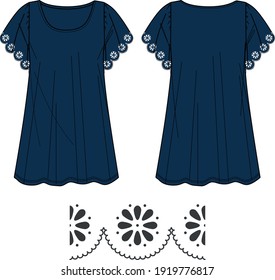 Vector short sleeved dress fashion CAD, woman a shaped dress with laser cut design, summer dress sketch, template