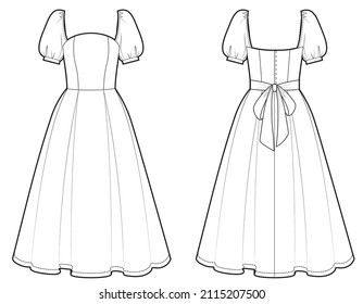 Vector short sleeved dress fashion, woman midi dress with bow on the back, flat sketch with front, back view