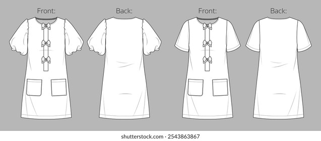 Vector de manga corta técnica, mini vestido de mujer con bowsl fashion CAD, boceto de vestir con detalles de bolsillo Plantilla, boceto, plano. Vestido de tela tejida con vista frontal, trasera, color blanco