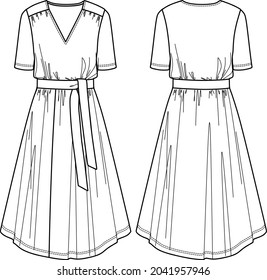 Vector de manga corta maquillaje estilo maxi moda CAD, mujer v cuello largo vestido con dibujo técnico del cinturón, plantilla, plano, sketch, burla hacia arriba.Jersey o vestido de tela tejida con frontal, retrovista, color blanco