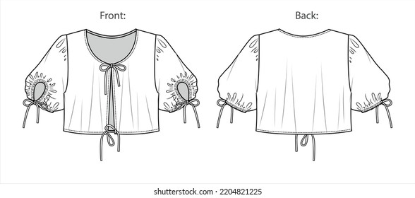 Moda de la chaqueta de manga corta vectora CAD, cardigan de cosecha mujer de verano con dibujo técnico de detalles de arco, plantilla, plano, esbozo. Tejidos o camisetas de ajuste sueltas con frontal, retrovisor, color blanco