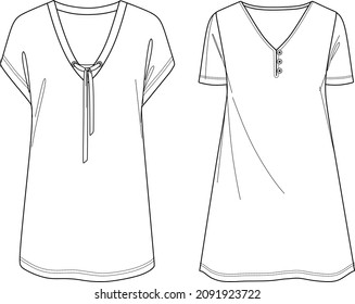 Vector short sleeved mini dress technical drawing, woman V-neck dress with eyelets and buttons fashion CAD, sketch, template, flat. Jersey or woven fabric 2 pieces set with front, back view, white col