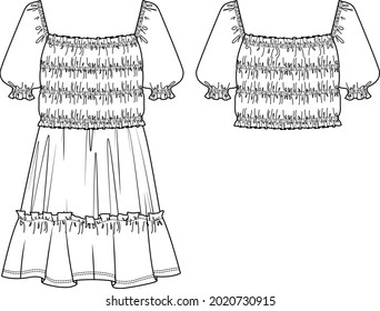 Vector estilo de vestido de manga corta CAD, mini vestido de cuello cuadrado mujer con detalles de fumar dibujo técnico, plantilla, plano, sketch. Ropa de tela Jersey o trenzada con vista frontal, trasera, color blanco