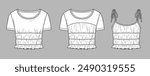 Vector short sleeved top with gathering details fashion CAD, woman cropped round neck blouse with frill details technical drawing, template, mock up, sketch. Blouse flat, front, back view, white color