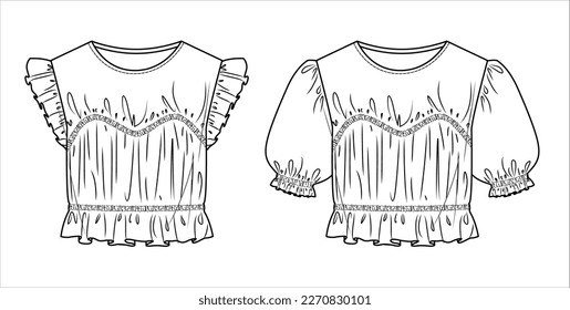 Vector short sleeved top with gathering details fashion CAD, woman cropped round neck blouse with frill details technical drawing, template, mock up, sketch. Blouse flat, front, back view, white color