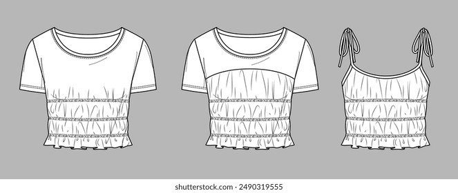 Top de manga corta de Vector con detalles de recolección de moda CAD, blusa de cuello redondo recortado mujer con detalles de volantes dibujo técnico, Plantilla, maqueta, boceto. Blusa plana, vista frontal, vista posterior, color blanco