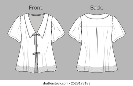 Vector short sleeved top with gathering details fashion CAD, woman V neck blouse with bows technical drawing, template, mock up, sketch. Shirt with collar technical flat front, back view, white color