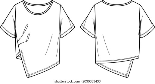 Vector short sleeved T-Shirt fashion CAD, woman round neck top with cut-out detail technical drawing, template, flat, sketch. Jersey or woven fabric blouse with front, back view, white color