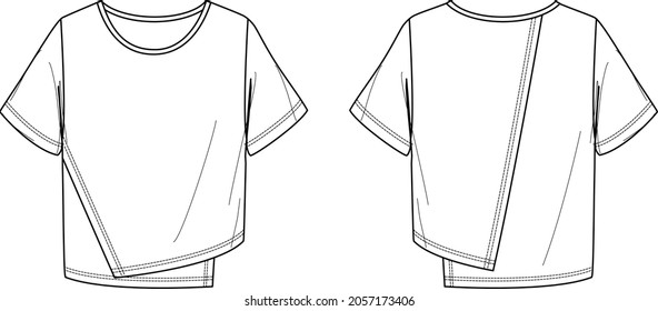 Vector short sleeved T-Shirt fashion CAD, woman round neck top with asymmetric hem technical drawing, template, flat, sketch. Jersey or woven fabric blouse with front, back view, white color background