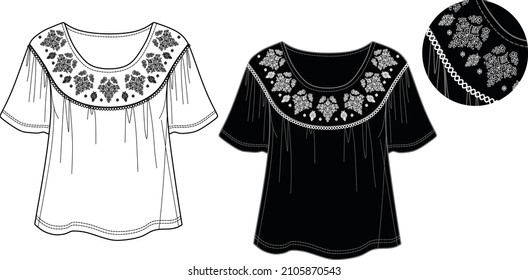 Vector short sleeved T-Shirt fashion CAD, woman round neck top with embroidery technical drawing, blouse template, flat, sketch. Jersey or woven fabric blouse with front, back view, in white color