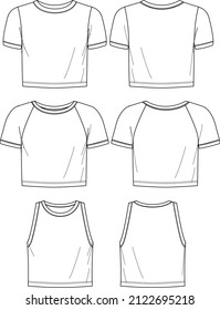 Vector short sleeved T-Shirt fashion CAD, woman round neck sleeveless top technical drawing, template, flat, sketch. Jersey or woven fabric 3 pieces set t-shirt  with front, back view, white color