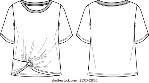 Vector short sleeved T-Shirt fashion CAD, woman round neck boxy shape top technical drawing, template, flat, sketch. Jersey or woven fabric basic t shirt with front, back view, white color