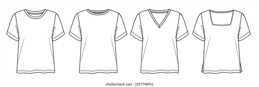 Vector short sleeved T-Shirt fashion CAD, woman round, square and V neck top technical drawing, template, flat, sketch. Jersey or woven fabric 4 pieces set t-shirt with front, back view, white color