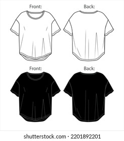 Vector short sleeved T-Shirt fashion CAD, woman round neck dropped shoulder top technical drawing, template, flat, sketch. Jersey or woven fabric 2 pieces set tshirt with front, back view, white color