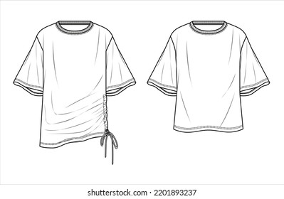 Vector short sleeved T-Shirt fashion CAD, woman round neck dropped shoulder top technical drawing, template, flat, sketch. Jersey or woven fabric 2 pieces set tshirt with front, back view, white color