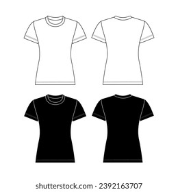 Vector short sleeved T-Shirt fashion CAD, woman round, square and V neck top technical drawing, template, flat, sketch. Jersey or woven fabric 4 pieces set t-shirt with front, back view, white color