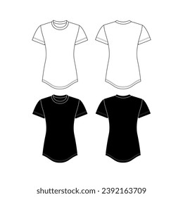 Vector short sleeved T-Shirt fashion CAD, woman round, square and V neck top technical drawing, template, flat, sketch. Jersey or woven fabric 4 pieces set t-shirt with front, back view, white color