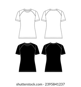 Vector short sleeved T-Shirt fashion CAD, woman round neck dropped shoulder top technical drawing, template, flat, sketch.