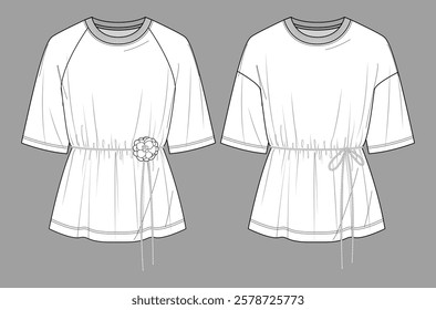 Vector short sleeved T-Shirt fashion CAD, woman round neck dropped shoulder top technical drawing, template, flat, sketch. Jersey or woven fabric 2 pieces set tee with belt, front view, white color