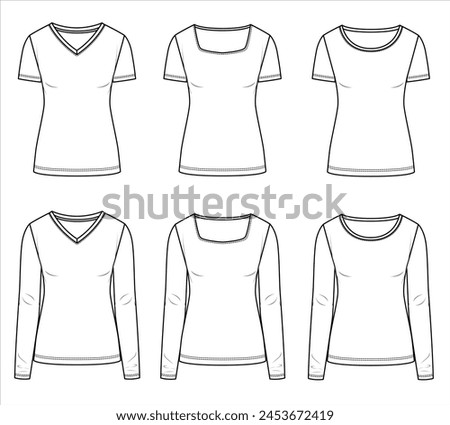 Vector short sleeved T-Shirt fashion CAD, woman round, square and V neck long sleeved top technical drawing, template, flat, sketch. Jersey fabric 6 pieces set t-shirt with front view in white color