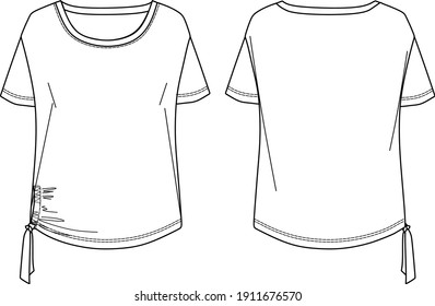 Vector short sleeved T-Shirt with side gathering fashion CAD, woman round neck T-Shirt technical drawing, sketch, template, flat, mock-up. Jersey or woven fabric top with front, back view, white color