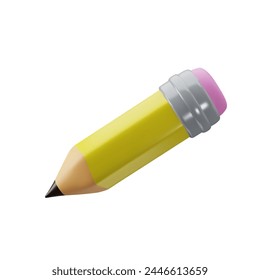 Vector short yellow 3d cartoon pencil with rubber icon. Volumetric wooden object for writing and drawing. Embedded pink eraser for deleting errors. Stationery tool with sharpened lead for creative art