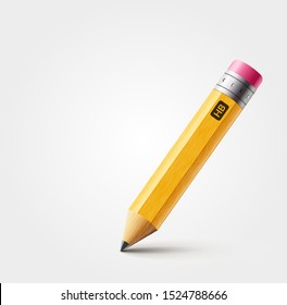 Lápiz de color amarillo corto, Lápiz realista aislado caricatura con goma.