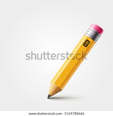 Vector short yellow pencil, Realistic pencil isolated cartoon with rubber eraser.