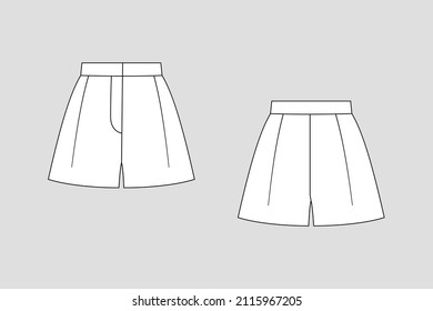 Vector shorts template isolated on a grey background. Female model. Front and back view. Outline fashion technical sketch of clothes model
