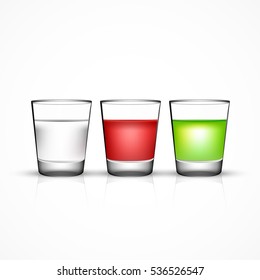 Vector Shot Glass Set With Water Or Vodka And Colored Cocktails, Isolated On White