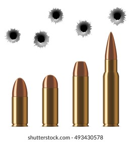 Vector shot gun bullets and bullet holes isolated on white background. Gunshot and caliber of weapon bullets illustration