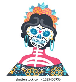 Vector shoulder portrait of Calavera Catrina - mexican symbol of Day of the Dead. Dia de Los Muertos - Skeleton Woman with painted skull wears floral wreath and folk dress. Isolated on white