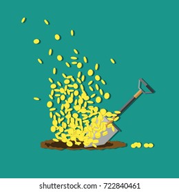 Vector shovel digging gold coins on green background. Isolated objects. 
