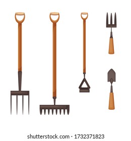 Vector shovel, rake, garden tools on isolated white background, flat illustrations. Garden clip art. Hand painted post card or poster