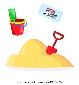 Vector shovel in sandbox and scoop and bucket baby toys. Plastic elements for infant children. Kids education and development objects. Isolated flat illustration on a white background.