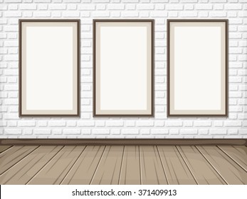 Vector show room with white brick wall, wooden floor and blank picture frames.