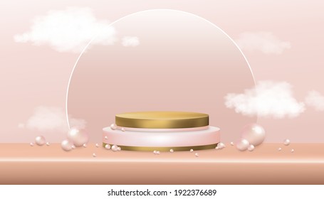 Vector Showcase display with pearl and fluffy clouds in pink and yellow gold,Geometric shape pink pastel podium. Stage and cloud 3D,Mock up stand for cosmetic or beauty product