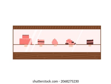 Vector showcase with sweets in a flat style. Illustration with shop with 
sweets, pastries, cakes and desserts isolated on white background