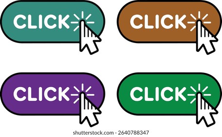 The vector showcases four isolated rounded buttons with the word click and a hand cursor, displayed in green, brown, purple, and teal on a transparent background. - Powered by Shutterstock - Get 15% off with code: PIKWIZARD15