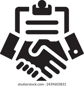  The vector showcases a graphic icon with two hands in a firm handshake below a clipboard, symbolizing the sealing of a contractual agreement or deal. 