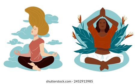 Vector que muestra a las personas en meditación de yoga pacífica, ideal para temas de bienestar y atención plena.