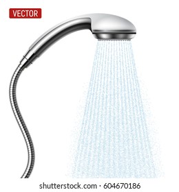 Vector Shower head with water drops flowing isolated over a white background. Realistic illustration.